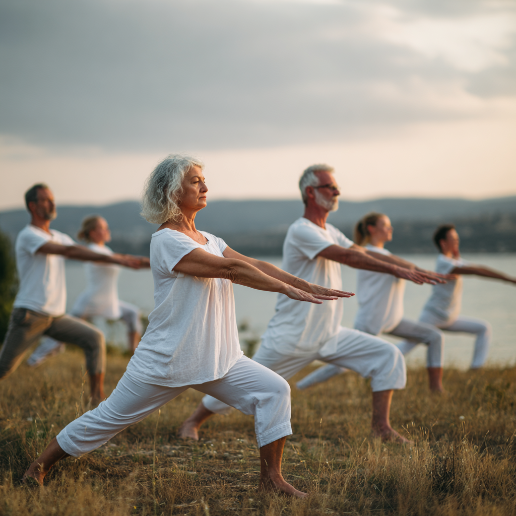 Group of white ukraninane middle-aged people practicing yoga in peaceful natural setting