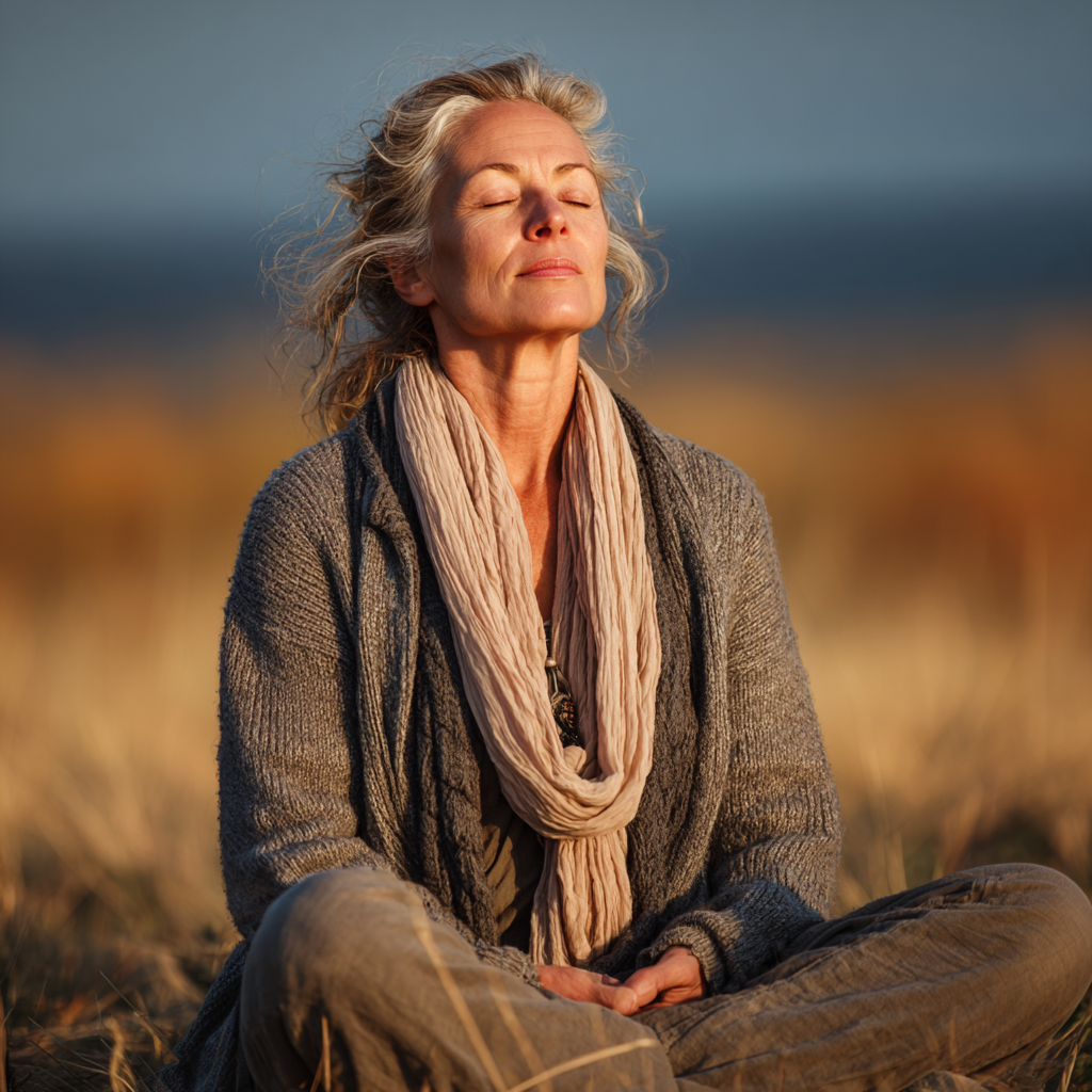 Mature woman in peaceful meditation pose outdoors